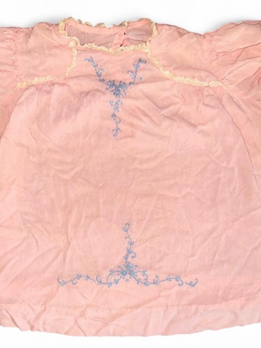 Vintage Pink Infant Gown with Blue Floral Embroidery